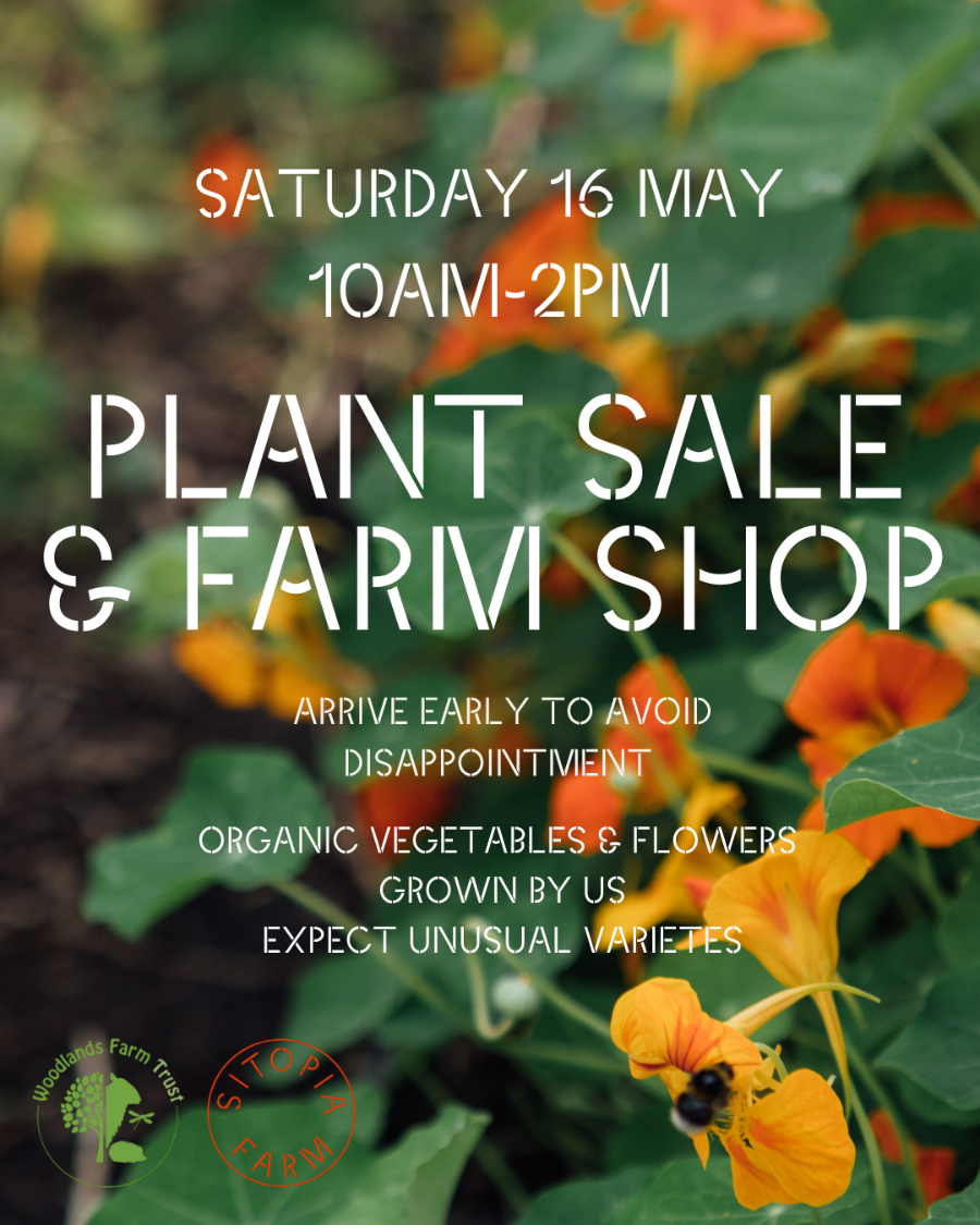 Advertisement for a plant sale and farm shop with flowers and text overlay.