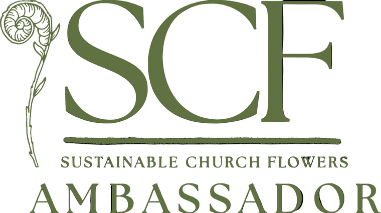 Logo for Sustainable Church Flowers with 'SCF' and 'Ambassador' text on a white background